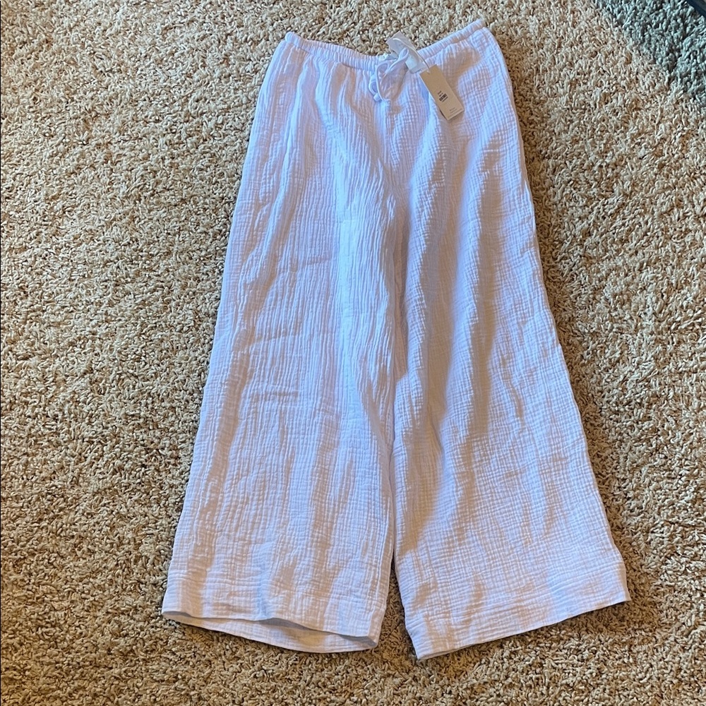 White Wide-Leg Linen-Texture Pants
